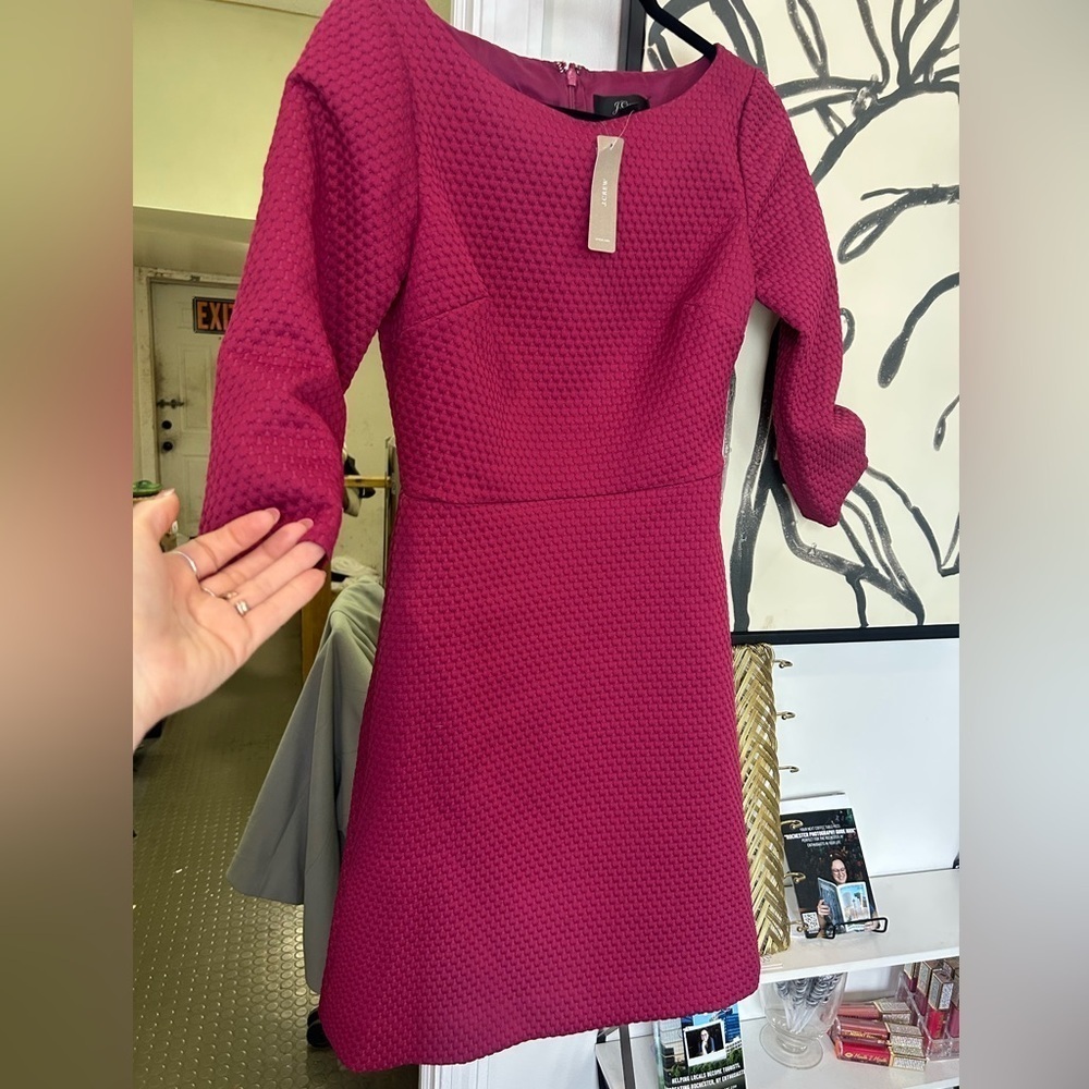 J.Crew Textured Magenta Boat Neck Long Sleeve Dress Size 0 Nwt
